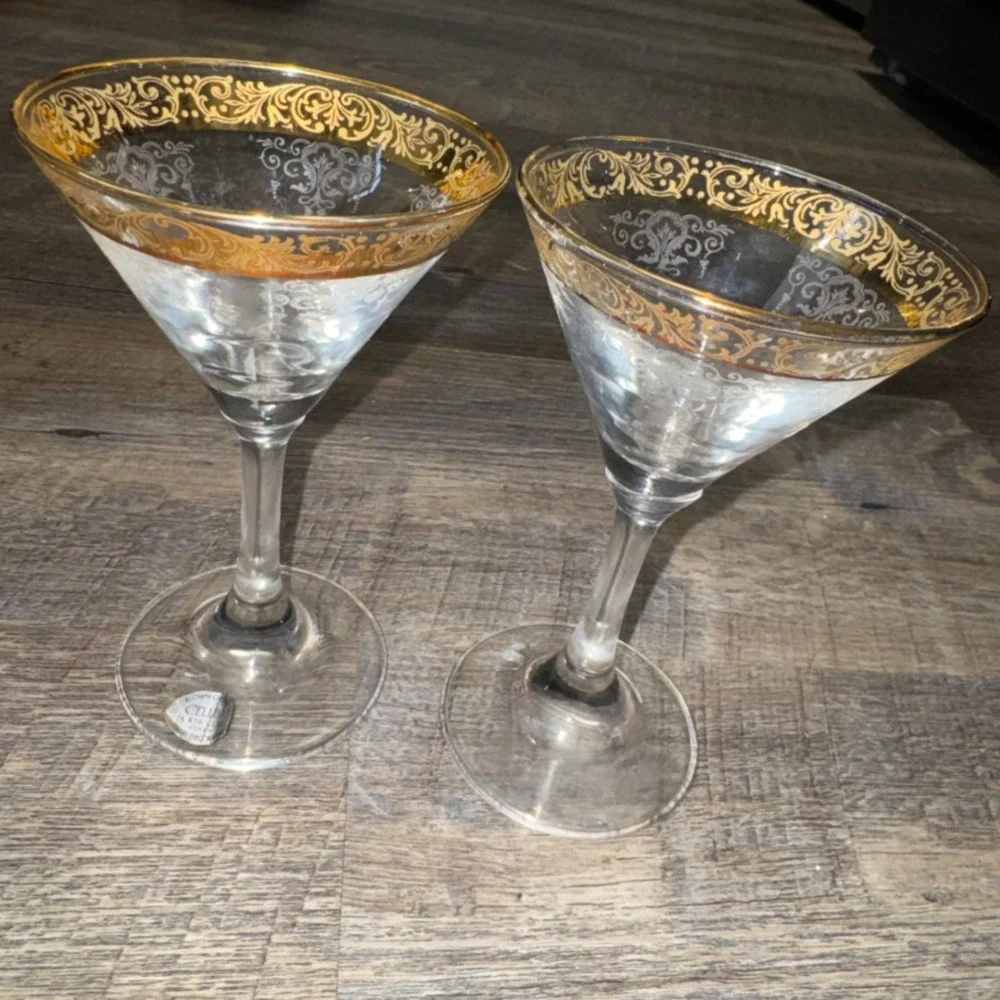 Vintage Cellini Martini Glasses Set 2 24K Gold Crystal Italy Hand Blown Etched